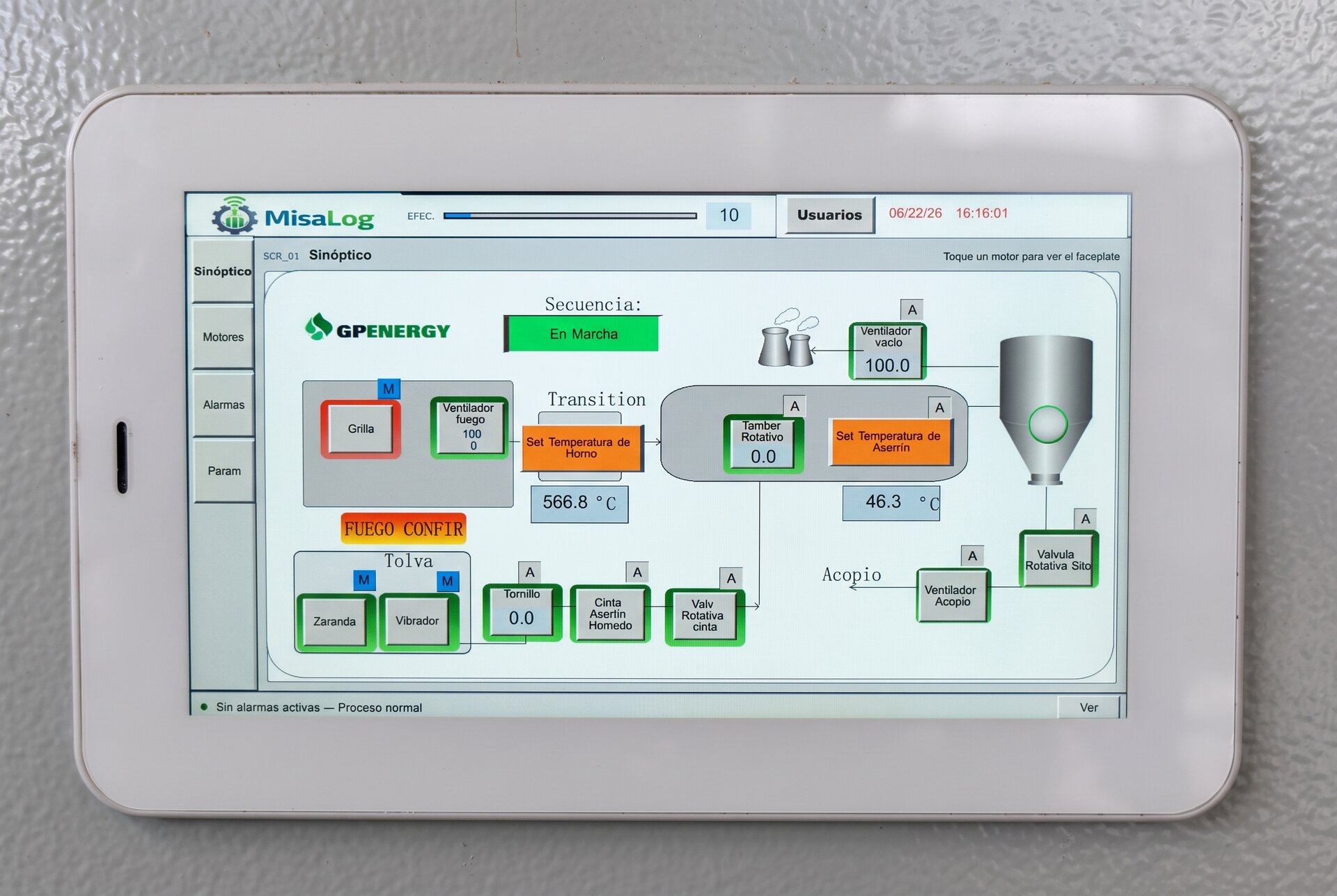 Pantalla HMI con el sinóptico de la planta secadora en marcha